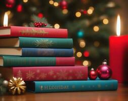 Festive Holiday Books with Whimsical Illustrations. AI Generated. photo
