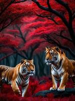 Roaring Beauty Tigers and Lions in the Red Forest. AI Generated. photo