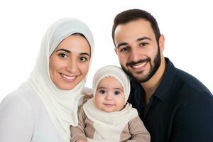 ai generado estudio retrato de hermosa padres con infantil bebé participación en manos en diferente colores antecedentes foto