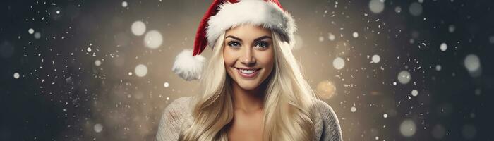 ai generado retrato de hermosa sonriente mujer en Papa Noel claus vistiendo foto