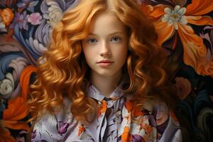 Ai generated studio portrait of cutle little curly ginger girl on different colours background photo