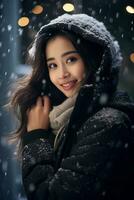 Ai generated portrait of beautiful young woman standing under the snow at winter time photo