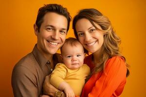 Ai generated Studio portrait of beautiful parents with infant baby holding on hands on different colours background photo