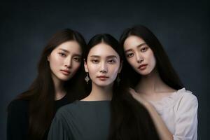 Ai generated Studio portrait of three few beautiful young woman standing together in hug on different colour background photo