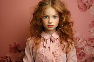 Ai generated studio portrait of cutle little curly ginger girl on different colours background photo