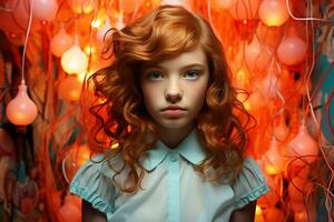 Ai generated studio portrait of cutle little curly ginger girl on different colours background photo