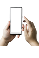 Male hands touching screen mobile phone a vertical smartphone with blank screen isolated on background. with copy space and design advertisements or public relations. png