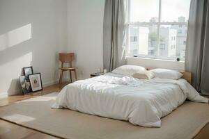 Tranquil Haven Embracing Minimalist Bedroom Ideas. AI Generated. photo