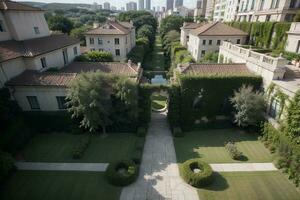 urbano oasis asombroso aéreo ver de lozano techo terraza jardines ai generado. foto