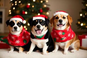 Adorable Christmas Themed Pet Bandanas for Festive Pets. AI Generated. photo