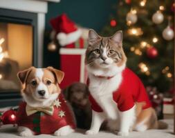 Festive Pet Outfits Adorable Pets in Playful Poses. AI Generated. photo