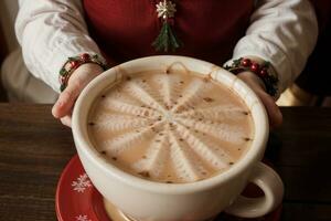 Warm Holiday Cheers Close up of a Cozy Hot Drink with Festive Decorations. AI Generated. photo