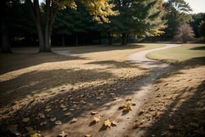 Serene Fall Background with Golden Leaves. AI Generated. photo