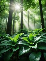 verde sinfonía iluminado por el sol bosque y lozano verde hojas. ai generado. foto