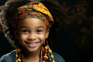ai generado estudio retrato de linda pequeño Rizado africano niña en diferente colores antecedentes foto