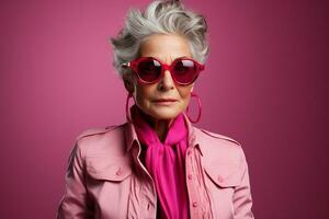Ai generated studio portrait of trendy old elderly woman on different colour background in glasses and headphones photo