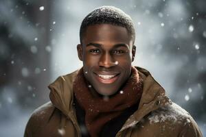 Ai generated portrait of handsome smiling man standing under the snowing photo