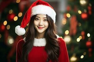 ai generado retrato de hermosa sonriente mujer en Papa Noel claus vistiendo foto