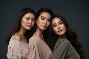 Ai generated Studio portrait of three few beautiful young woman standing together in hug on different colour background photo