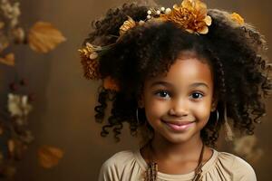 Ai generated studio portrait of cute little curly african girl on different colours background photo