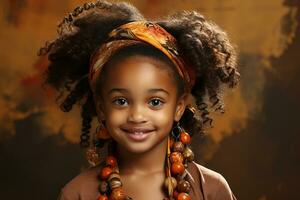 ai generado estudio retrato de linda pequeño Rizado africano niña en diferente colores antecedentes foto