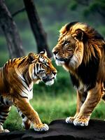 majestuoso león y Tigre en el salvaje por david johnson. ai generado. foto