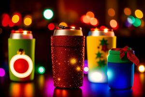 Colorful Festive Drink Koozies in Macro Photography. AI Generated. photo