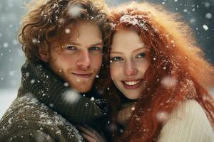 Ai generated portrait of beautiful smiling young couple man and woman standing under snowing photo