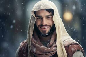 ai generado retrato de hermoso sonriente hombre en pie debajo el nevando foto