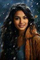 Ai generated portrait of beautiful young woman standing under the snow at winter time photo