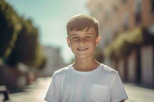 sonriente chico vistiendo blanco camiseta. generar ai foto