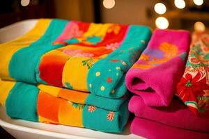 vibrante festivo bañera toallas muy lleno con vistoso patrones y diseños ai generado. foto