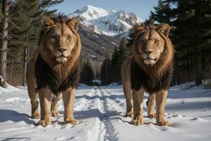 Untamed Unity The Lion and the Wolf. AI Generated. photo