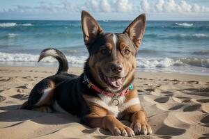 feliz playa día un perro s paraíso en Hawai. ai generado. foto