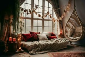 Inviting Boho winter room tent. Generate Ai photo