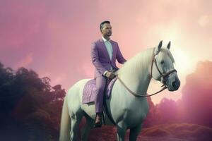 Gentleman riding a unicorn. Generate ai photo