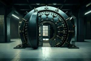 Metallic Bank vault steel open door. Generate Ai photo