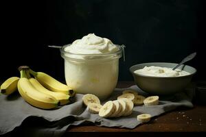 Refreshing banana yogurt. Generate Ai photo