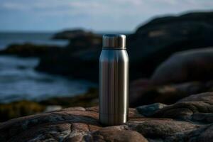 Metallic thermos on edge rock. Generate ai photo