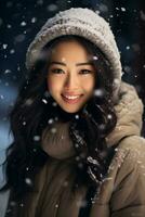 Ai generated portrait of beautiful young woman standing under the snow at winter time photo