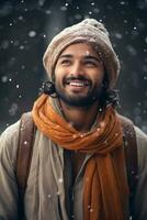 Ai generated portrait of handsome smiling man standing under the snowing photo