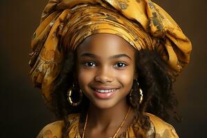 Ai generated studio portrait of cute little curly african girl on different colours background photo