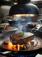 culinario deleite un candente filete en el haciendo. ai generado. foto