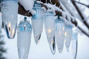 Dazzling Hanging Icicle Decorations Create Winter Magic. AI Generated. photo