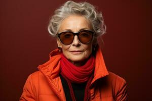 Ai generated studio portrait of trendy old elderly woman on different colour background in glasses and headphones photo