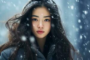 Ai generated portrait of beautiful young woman standing under the snow at winter time photo