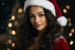 ai generado retrato de hermosa sonriente mujer en Papa Noel claus vistiendo foto