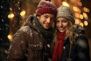 ai generado retrato de hermosa sonriente joven Pareja hombre y mujer en pie debajo nevando foto