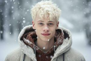 ai generado retrato de hermosa sonriente joven albino hombre en pie debajo nevando foto