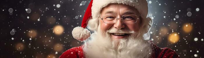 ai generado retrato de hermoso sonriente hombre en Papa Noel claus vistiendo foto